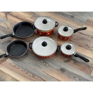 Vintage Seventh Avenue Sunflower Rooster Cooking 6 Piece Set W Lids